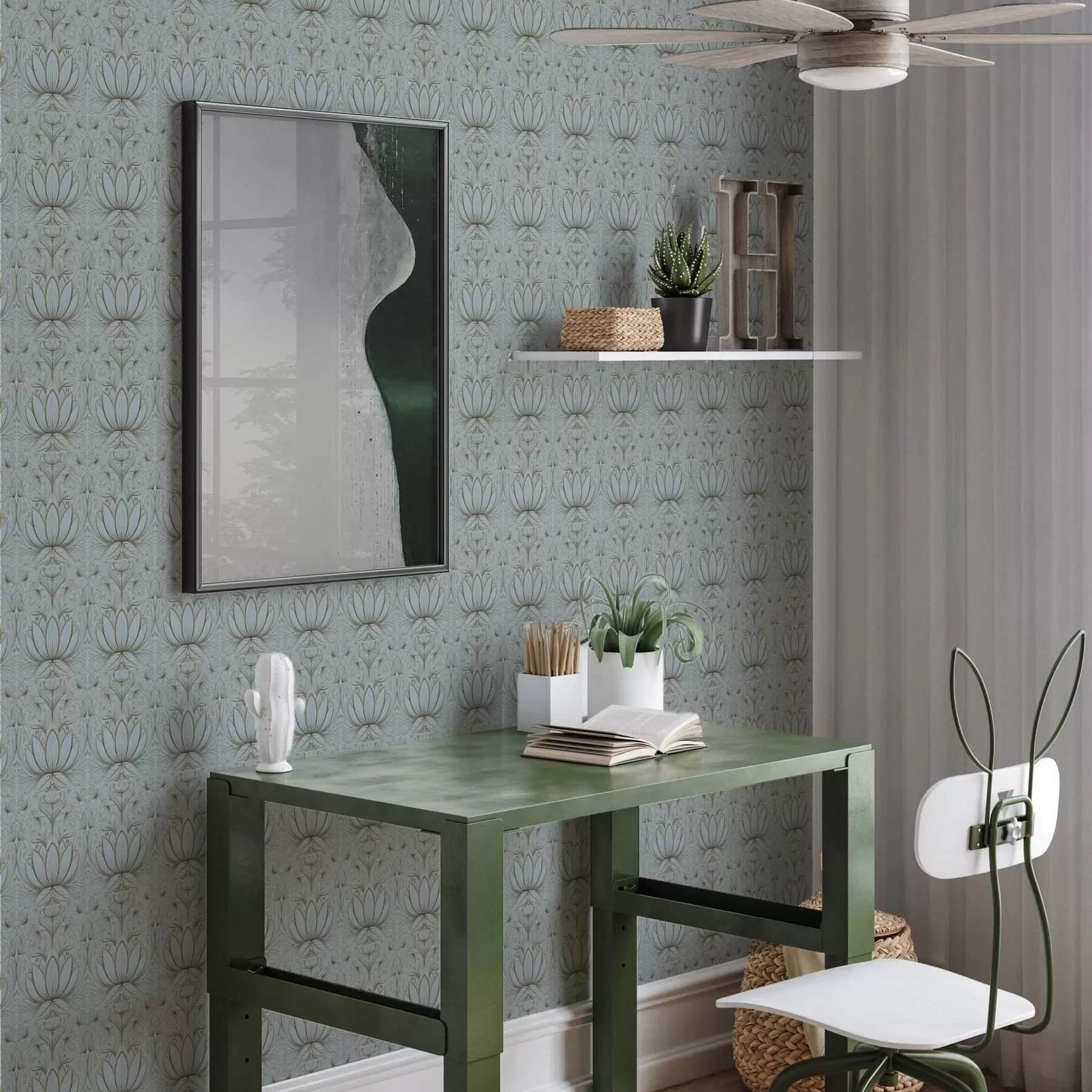 murais de parede Ornamento de lótus em tons de turquesa e amarelo a00439