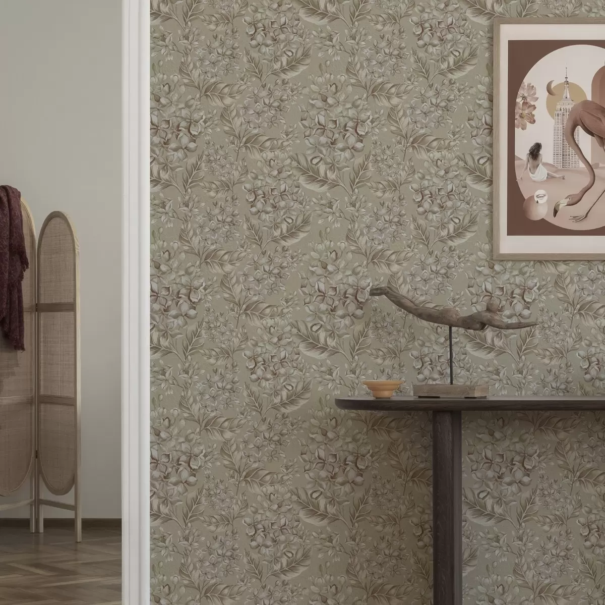 Papel de parede Ramos bege com flores brancas em tons quentes a00441