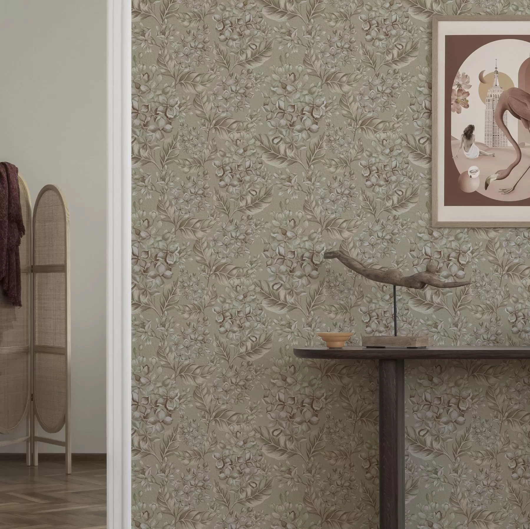 murais de parede Ramos bege com flores brancas em tons quentes a00441