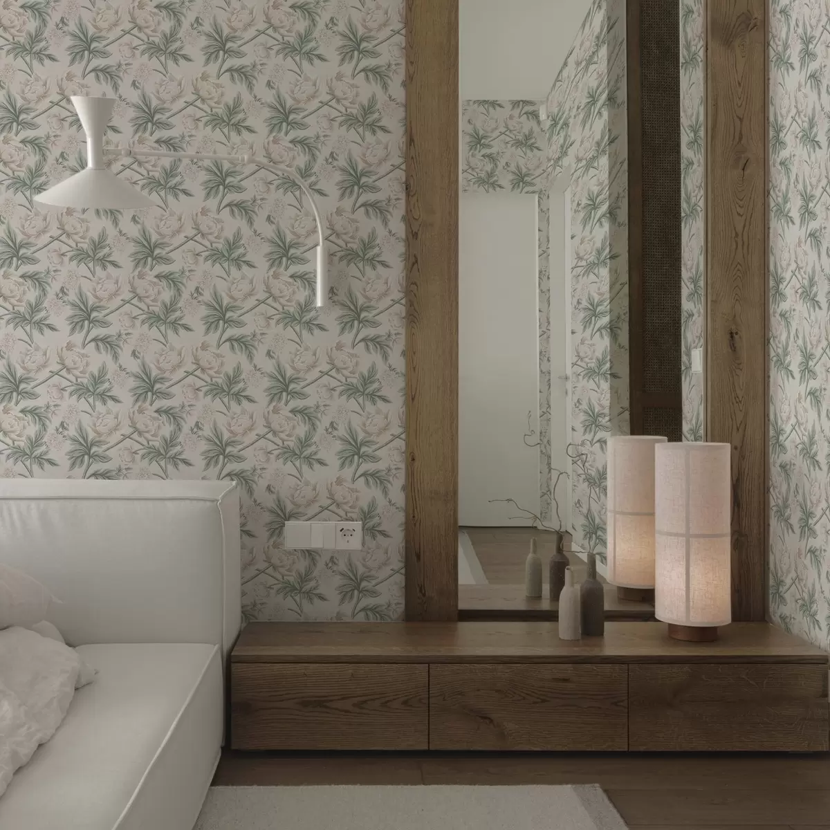 Papel de parede Peônias exuberantes em bege claro e verde bege e verde a00445