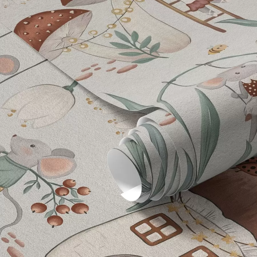 murais de parede Camundongos e cogumelos fofos no fundo de uma paisagem de floresta elegante a00450