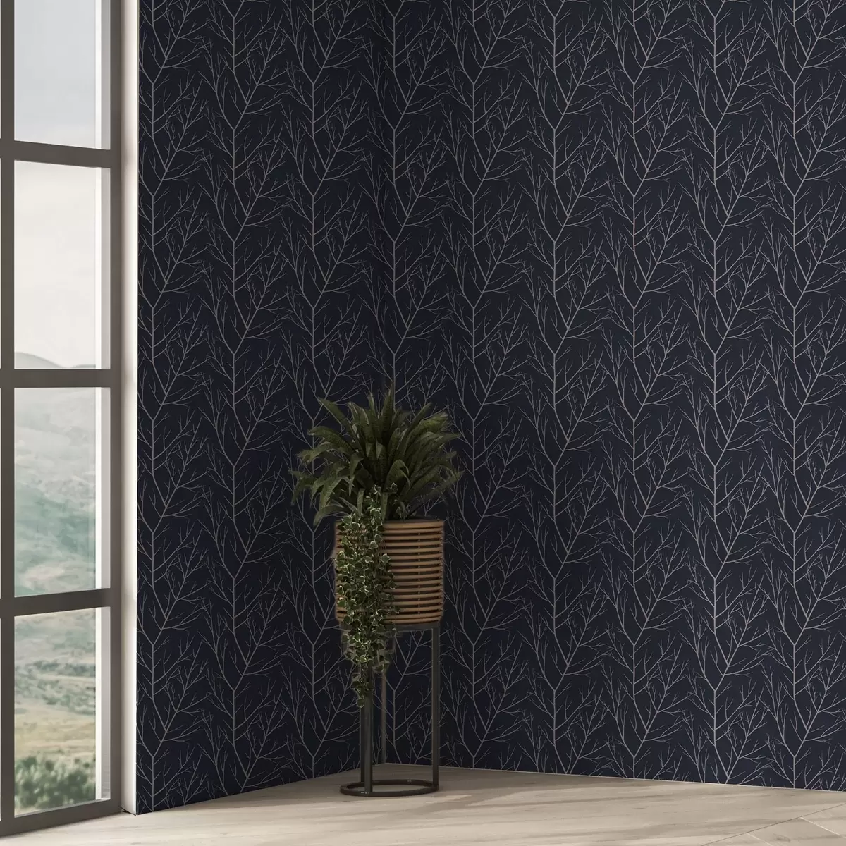 Papel de parede Galhos vermelhos suaves em um fundo azul-marinho profundo a00451