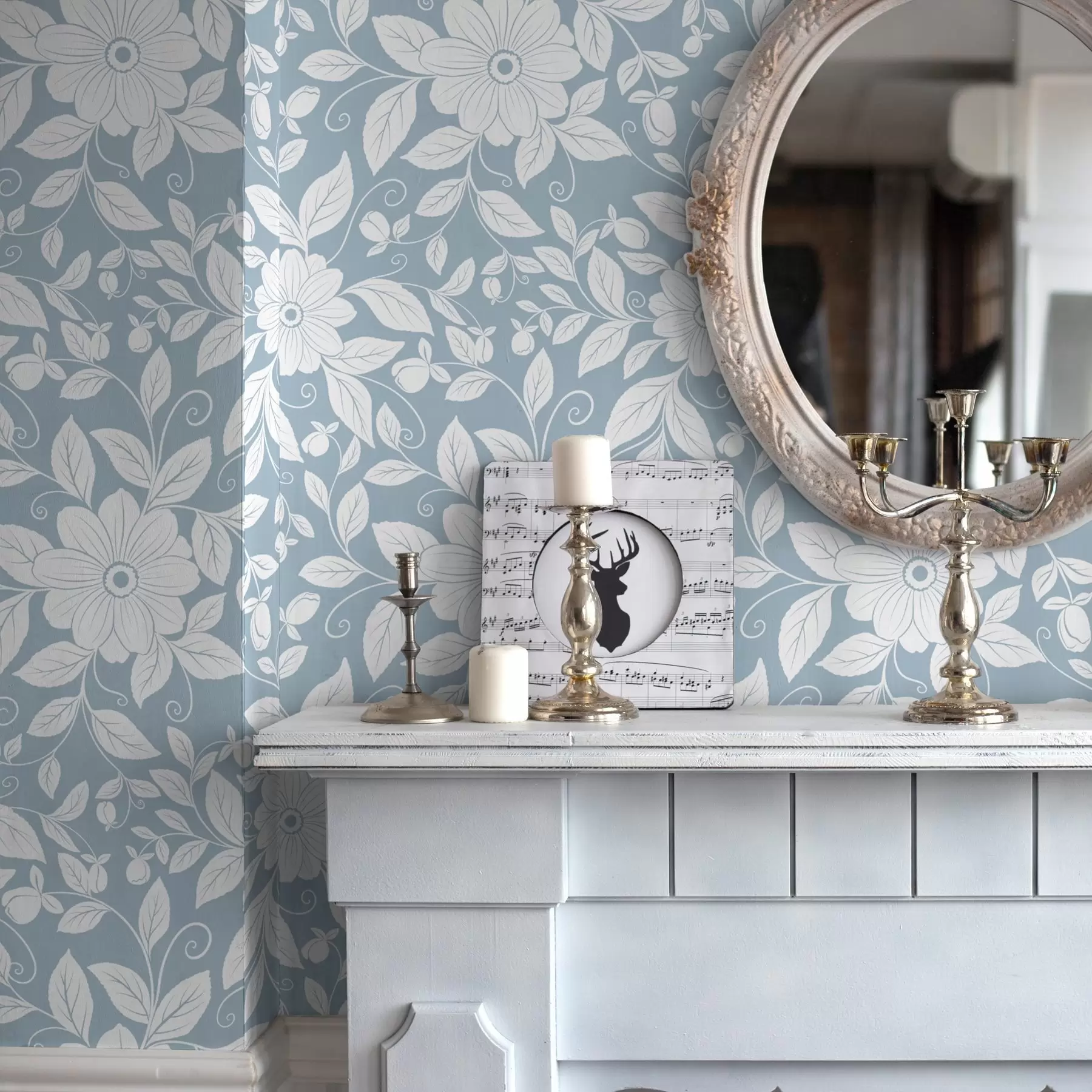 murais de parede Contorno floral branco em um fundo azul pastel a00452