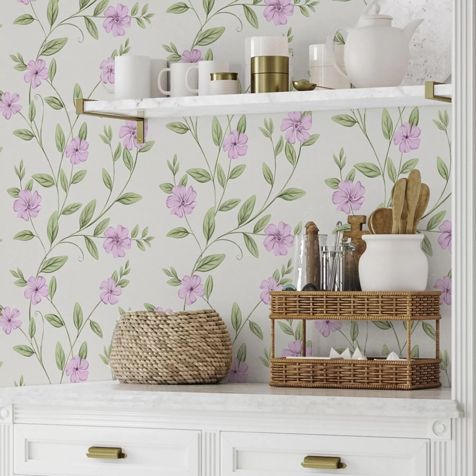 murais de parede Flores cor-de-rosa com videiras verdes em um fundo creme a00453