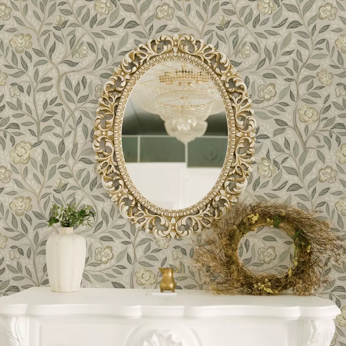 Papel de parede Rosas creme e folhas de oliveira em um fundo rosa claro a00455