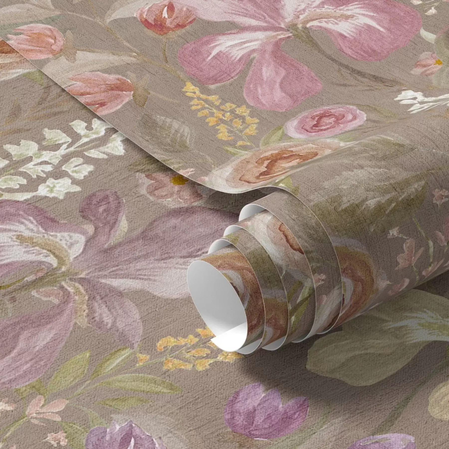 murais de parede Padrão vintage de flor de íris rosa sobre fundo bege texturizado a00457