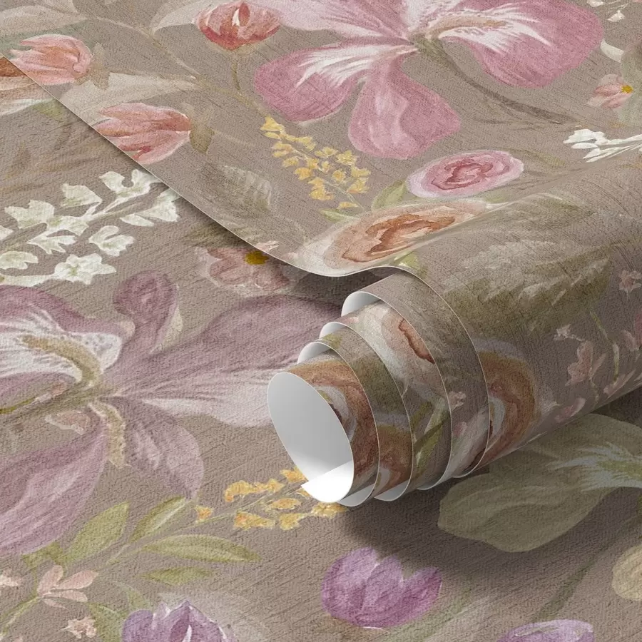murais de parede Padrão vintage de flor de íris rosa sobre fundo bege texturizado a00457