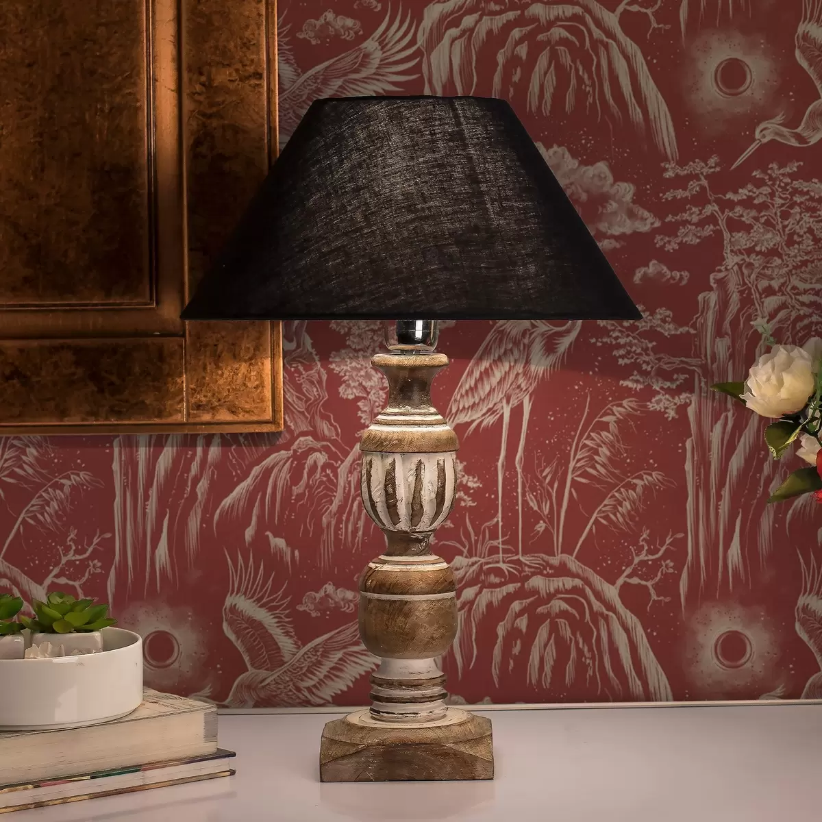 Papel de parede Garças, montanhas e nuvens no estilo de gravura japonesa a00458