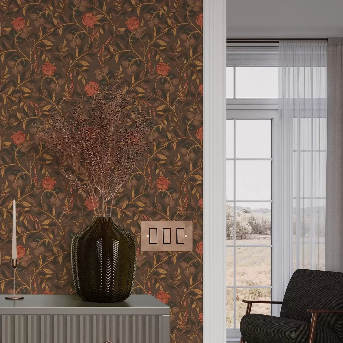 Papel de parede Ramos de terracota florescendo em um fundo marrom a00460