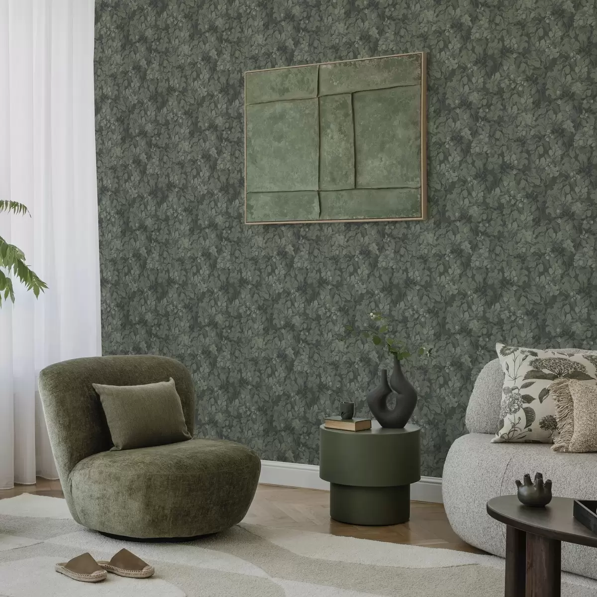 Papel de parede Textura escura das folhas com bolotas em verde profundo a00461