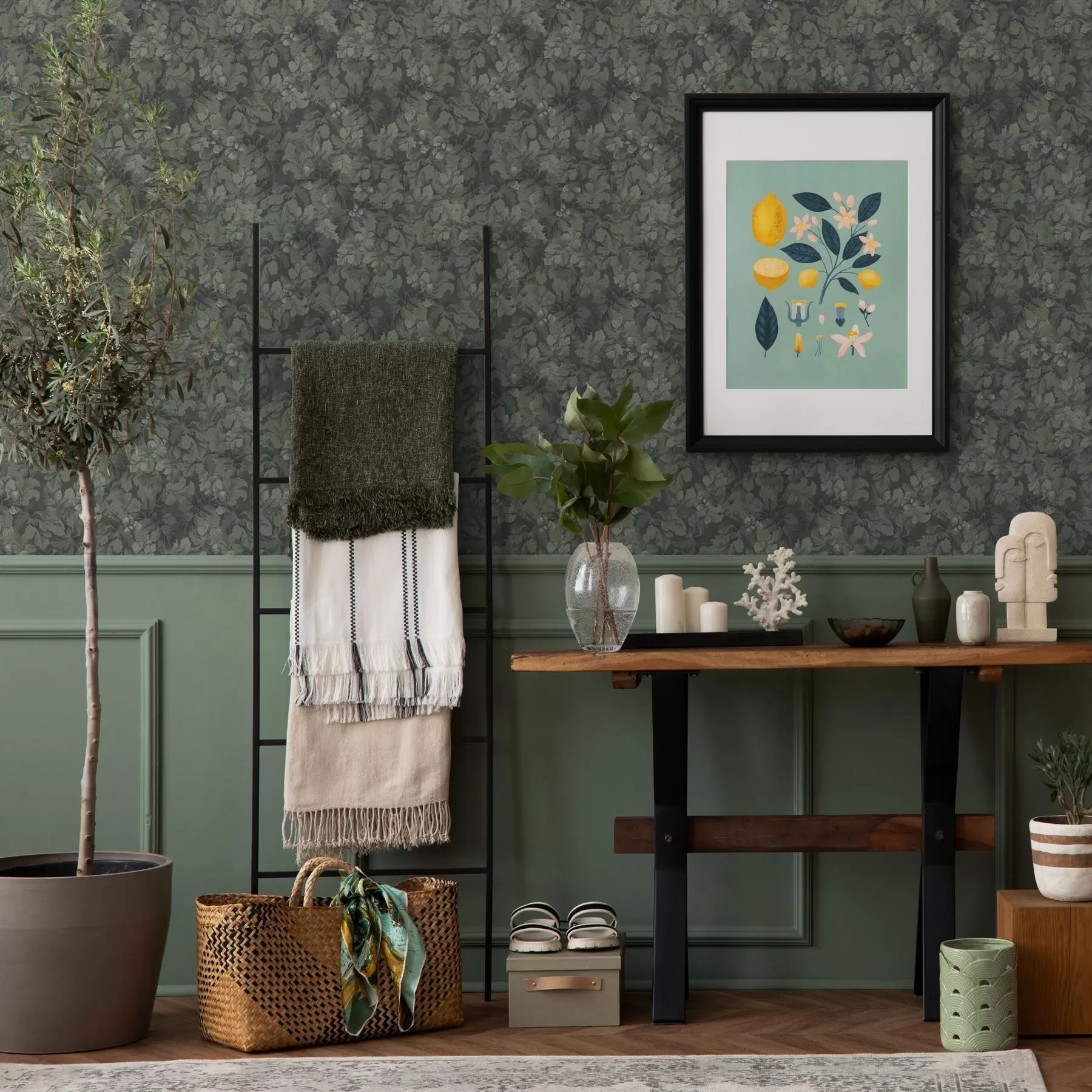 murais de parede Textura escura das folhas com bolotas em verde profundo a00461