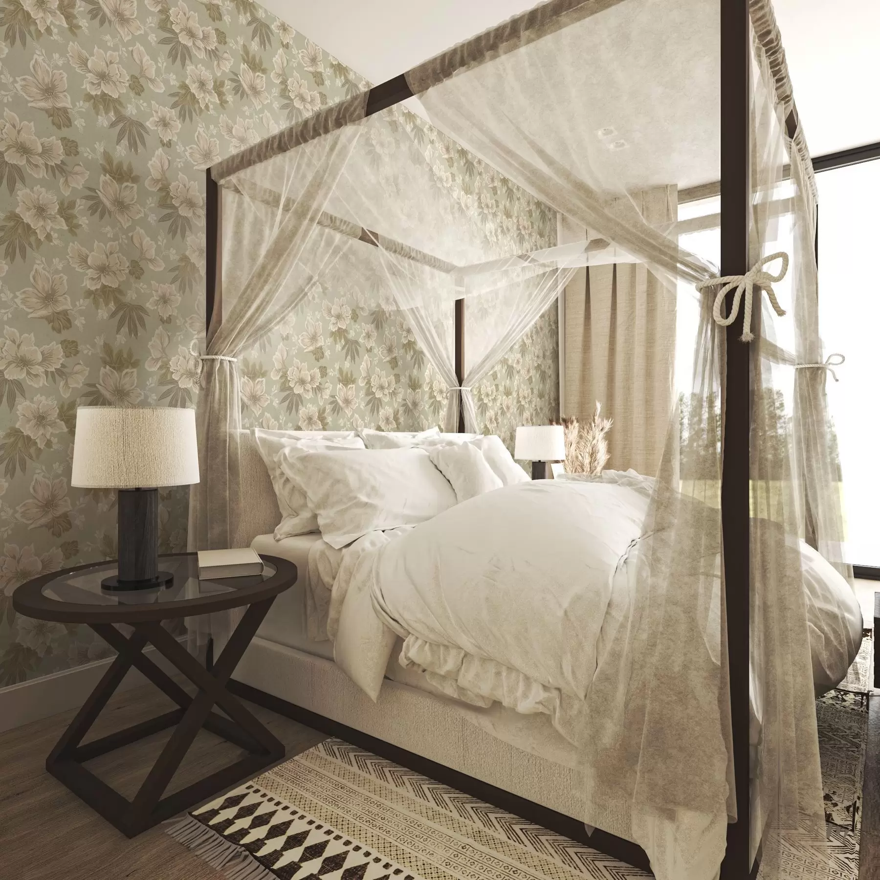 murais de parede Flores creme em um fundo verde-oliva a00462