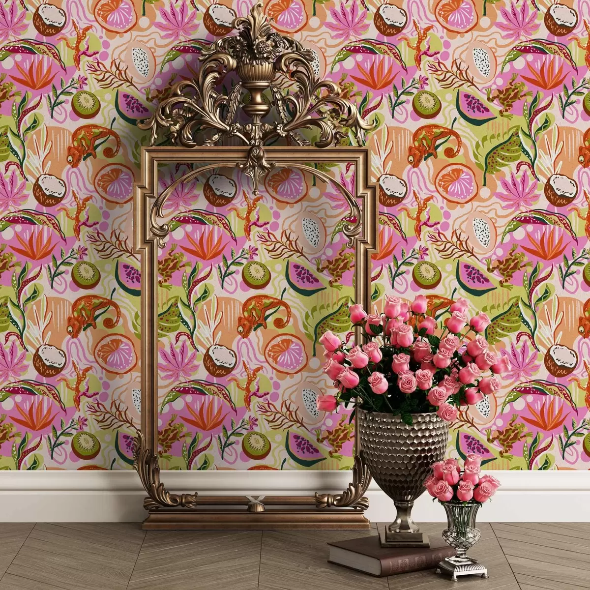 Papel de parede Frutas exóticas, folhas e camaleões em um estilo tropical a00469