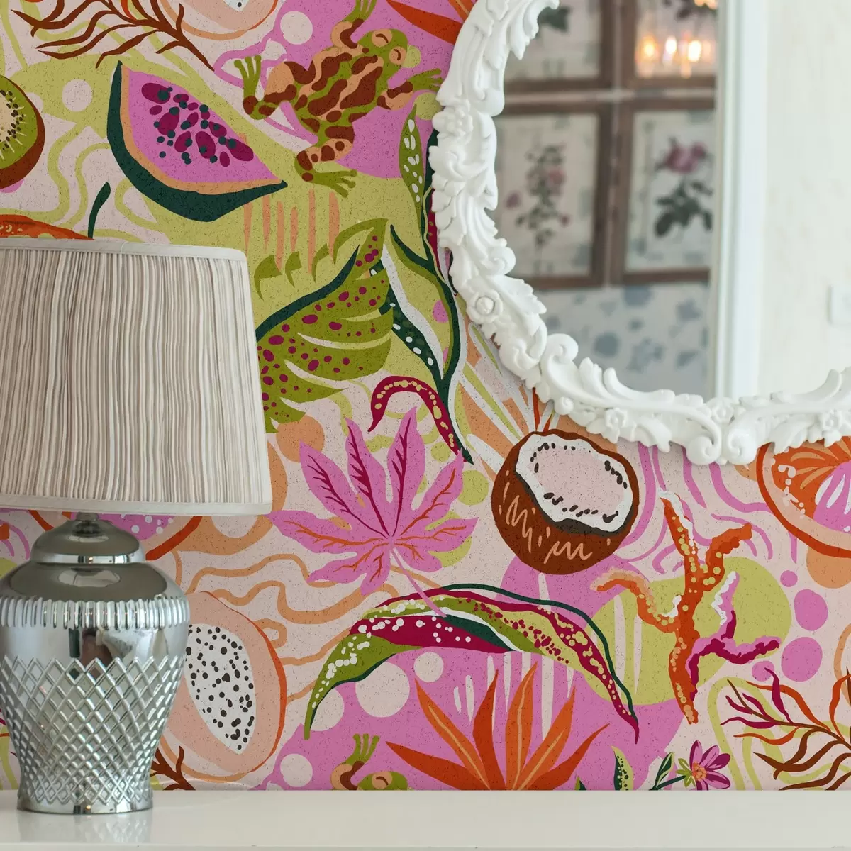 Papel de parede Frutas exóticas, folhas e camaleões em um estilo tropical a00469