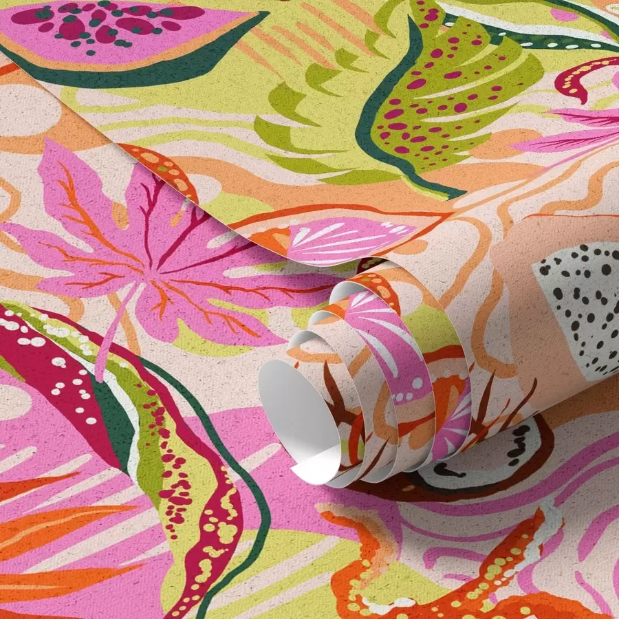 murais de parede Frutas exóticas, folhas e camaleões em um estilo tropical a00469