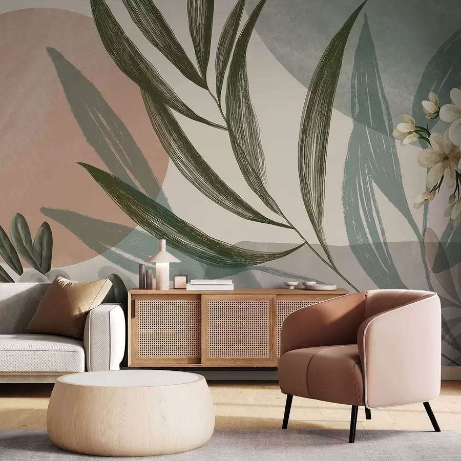 murais de parede Arte botânica abstrata com folhas de palmeira verdes e bagas brancas, em um fundo de formas em tons de terra suaves w09312
