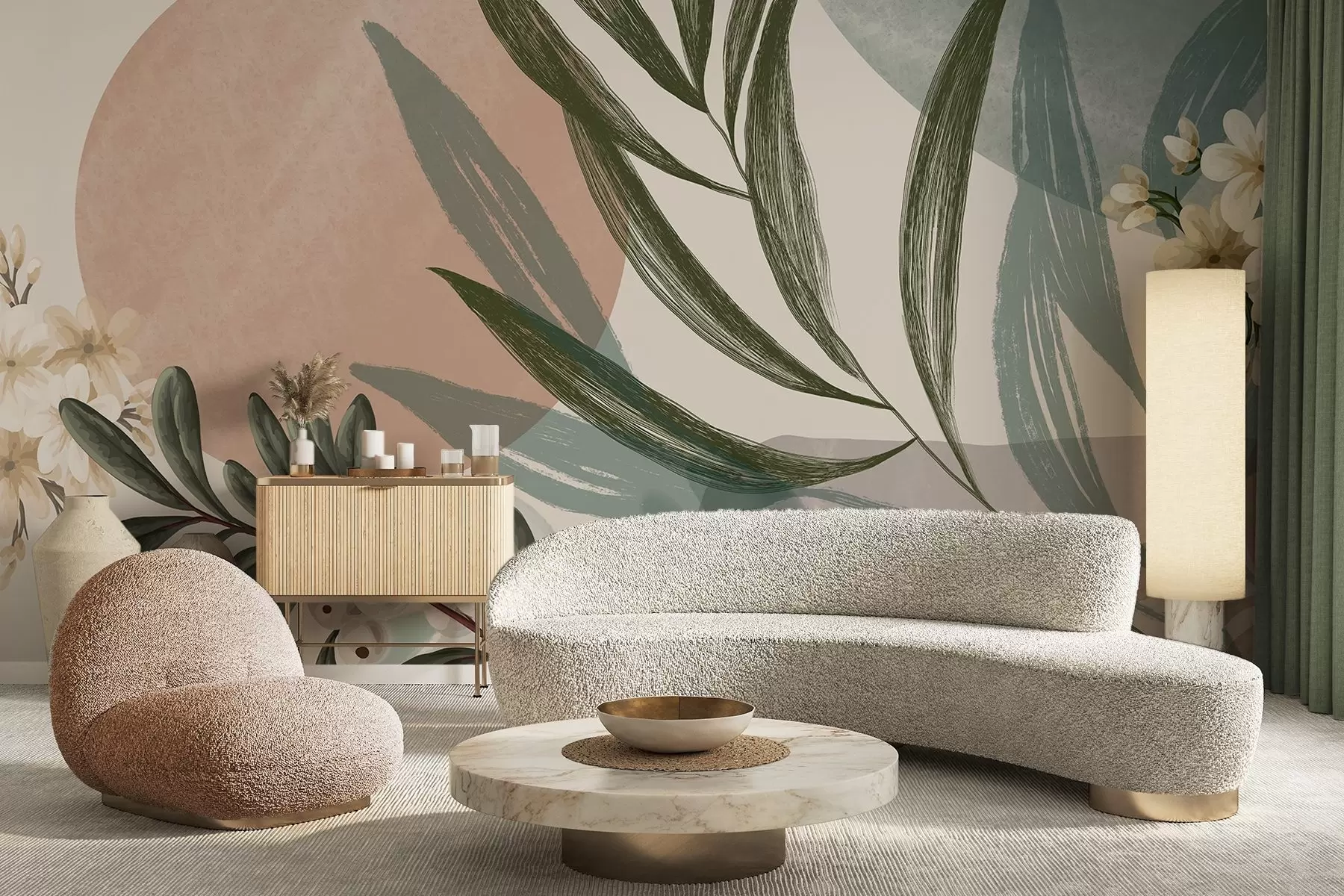 murais de parede Arte botânica abstrata com folhas de palmeira verdes e bagas brancas, em um fundo de formas em tons de terra suaves w09312