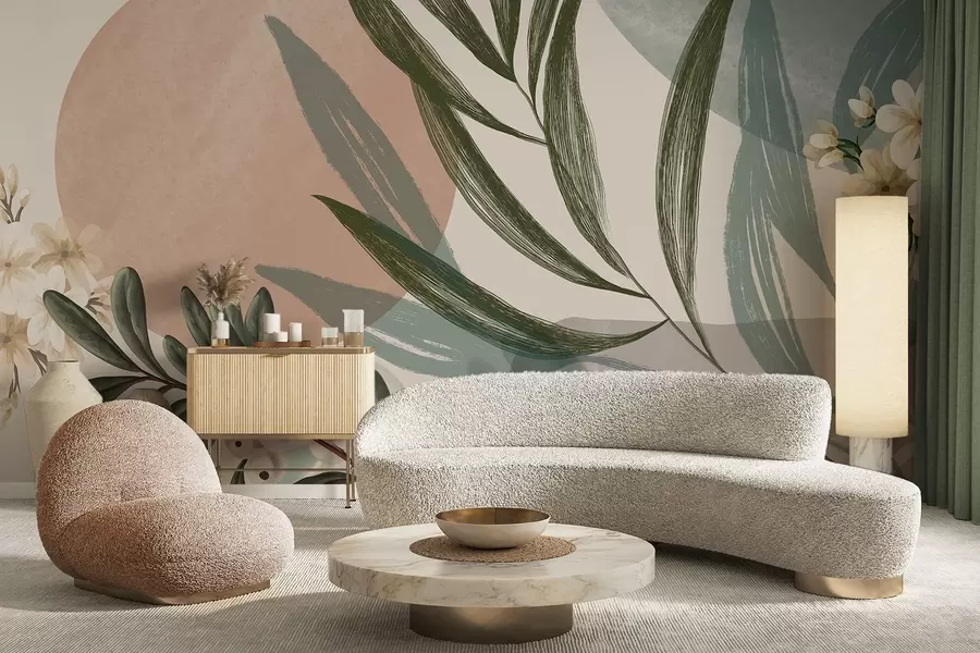 murais de parede Arte botânica abstrata com folhas de palmeira verdes e bagas brancas, em um fundo de formas em tons de terra suaves w09312