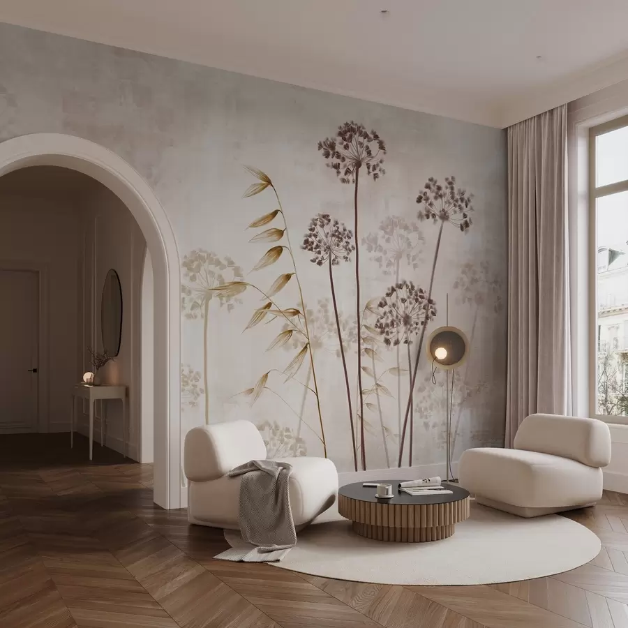 murais de parede Desenho de flores secas com hastes longas, paleta monocromática, em um fundo bege claro e texturizado, ilustração botânica w09314v1