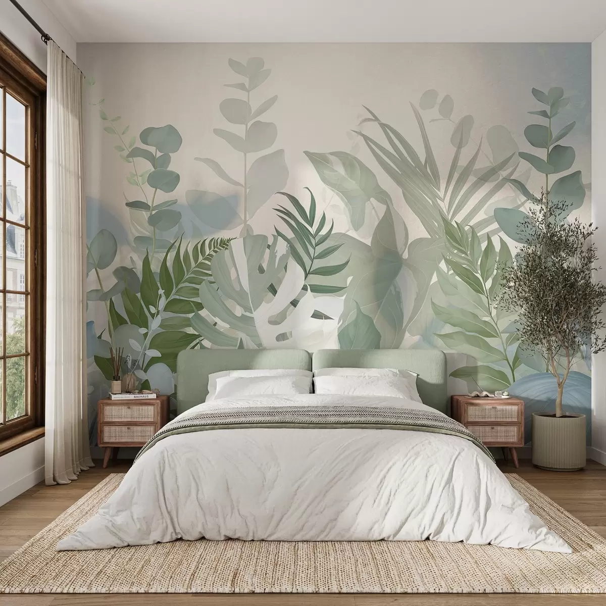 murais de parede Plantas verdes em tons pastéis, samambaias, monstera e eucalipto, fundo com textura clara, iluminação suave, tranquilidade, ilustração botânica w09316