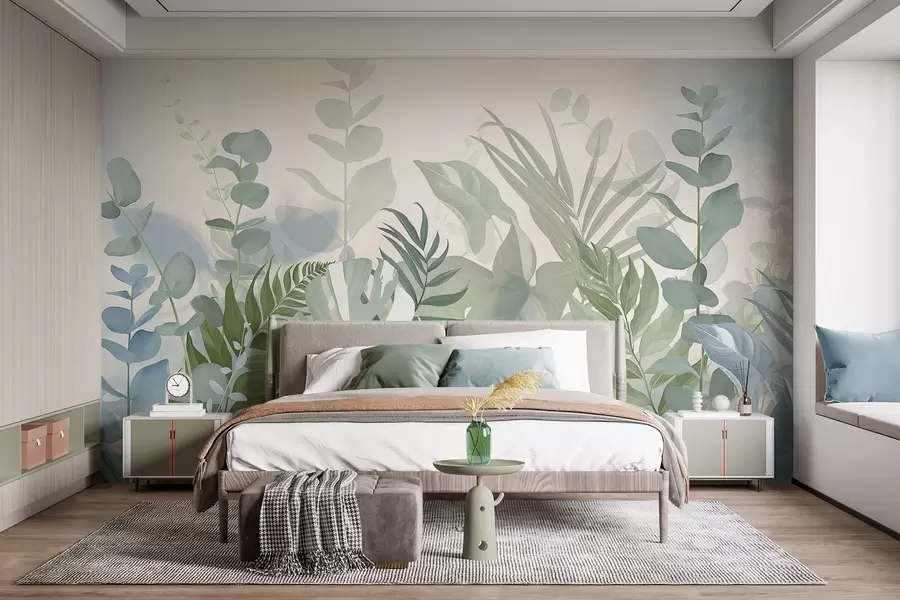 murais de parede Plantas verdes em tons pastéis, samambaias, monstera e eucalipto, fundo com textura clara, iluminação suave, tranquilidade, ilustração botânica w09316