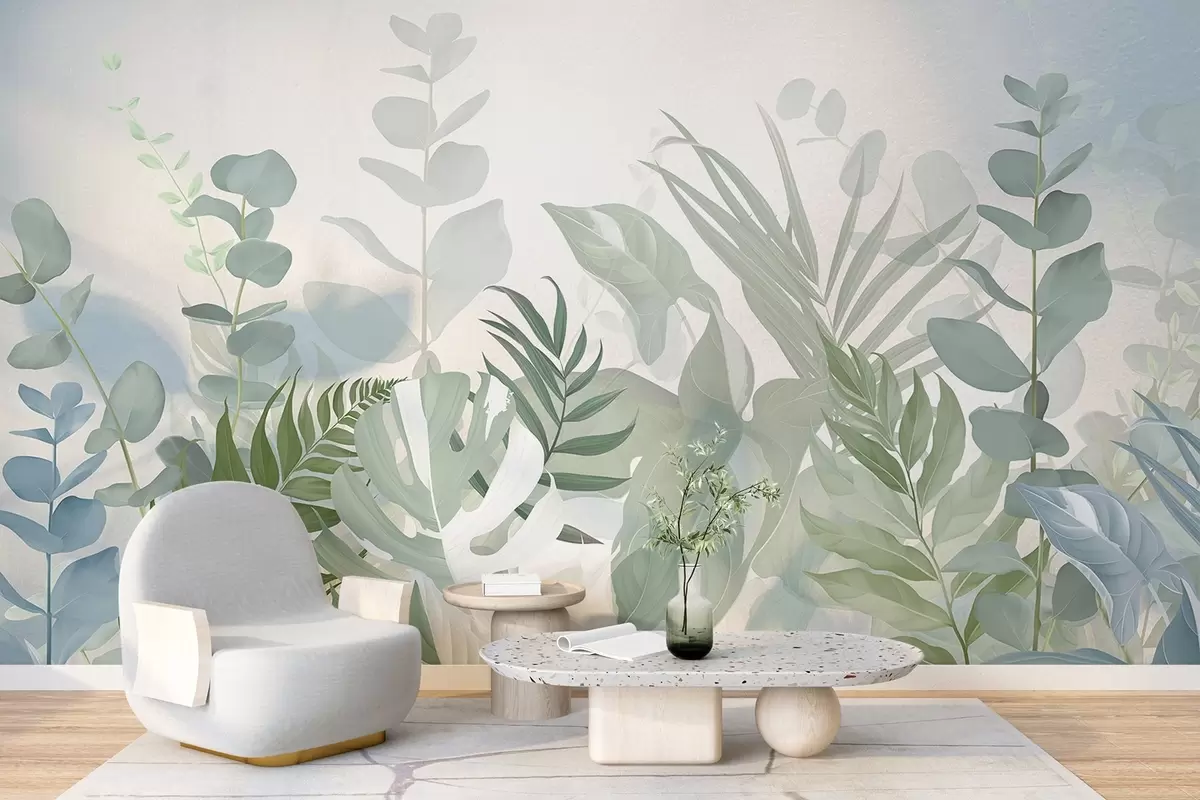 murais de parede Plantas verdes em tons pastéis, samambaias, monstera e eucalipto, fundo com textura clara, iluminação suave, tranquilidade, ilustração botânica w09316