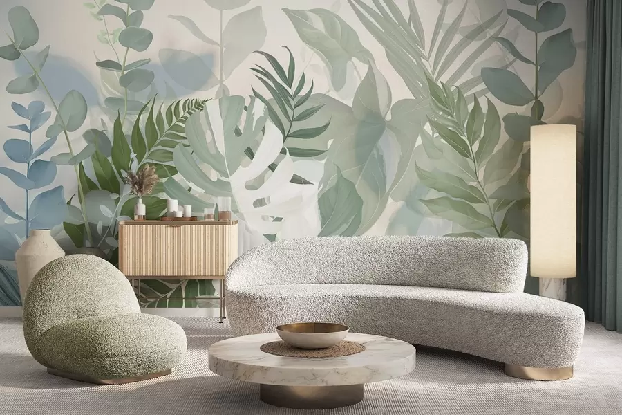 murais de parede Plantas verdes em tons pastéis, samambaias, monstera e eucalipto, fundo com textura clara, iluminação suave, tranquilidade, ilustração botânica w09316