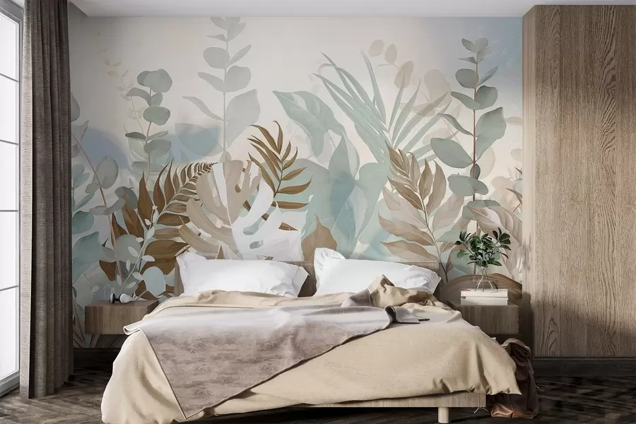 murais de parede Plantas em tons pastéis, samambaias, monstera e eucalipto, fundo com textura clara, iluminação suave, tranquilidade, ilustração botânica w09316v1