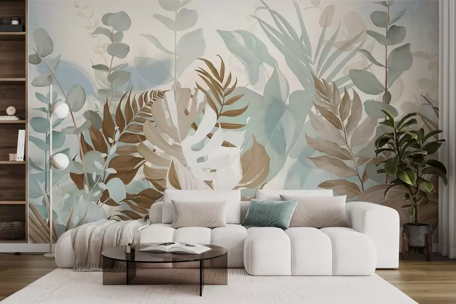 murais de parede Plantas em tons pastéis, samambaias, monstera e eucalipto, fundo com textura clara, iluminação suave, tranquilidade, ilustração botânica w09316v1