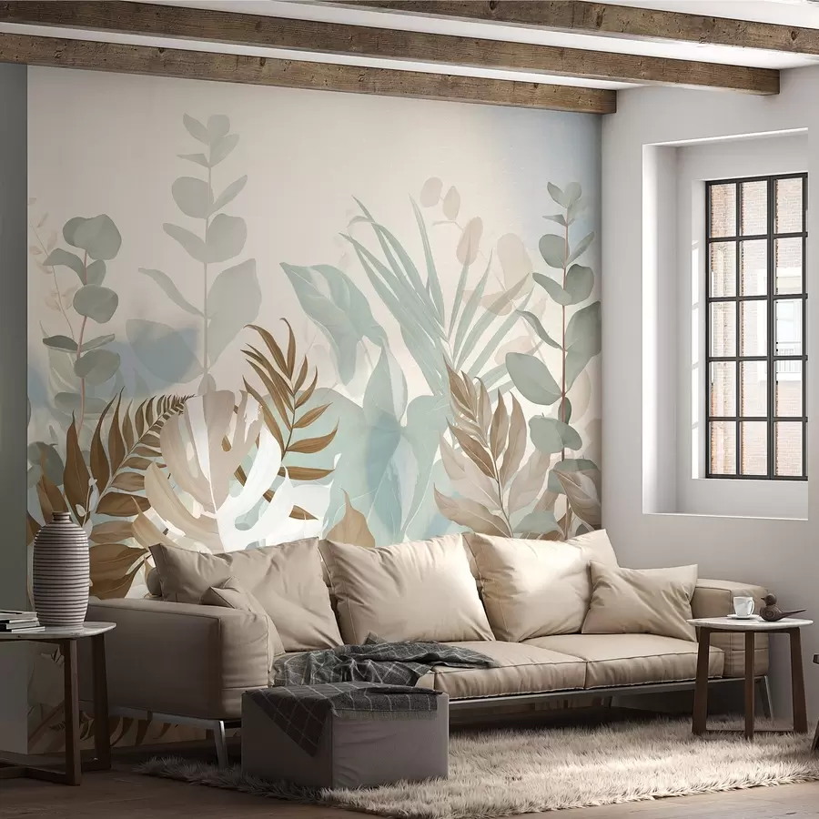murais de parede Plantas em tons pastéis, samambaias, monstera e eucalipto, fundo com textura clara, iluminação suave, tranquilidade, ilustração botânica w09316v1