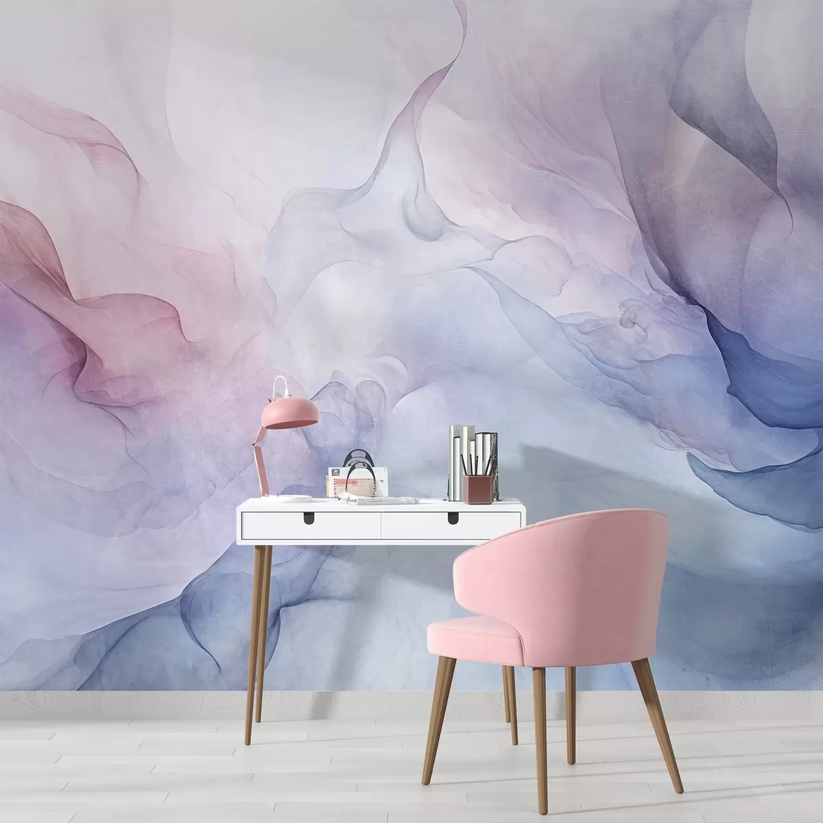 murais de parede Pintura abstrata texturizada com tons pastéis fluidos de rosa, roxo e azul, criando um efeito suave w09318