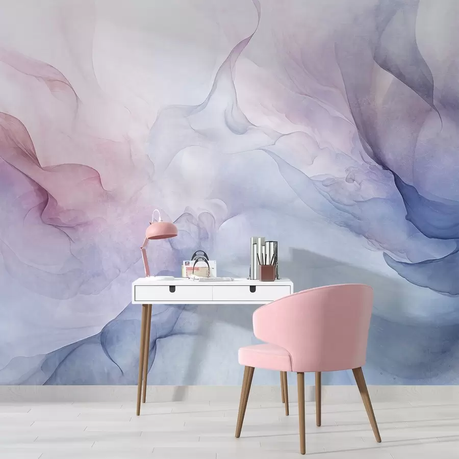 murais de parede Pintura abstrata texturizada com tons pastéis fluidos de rosa, roxo e azul, criando um efeito suave w09318