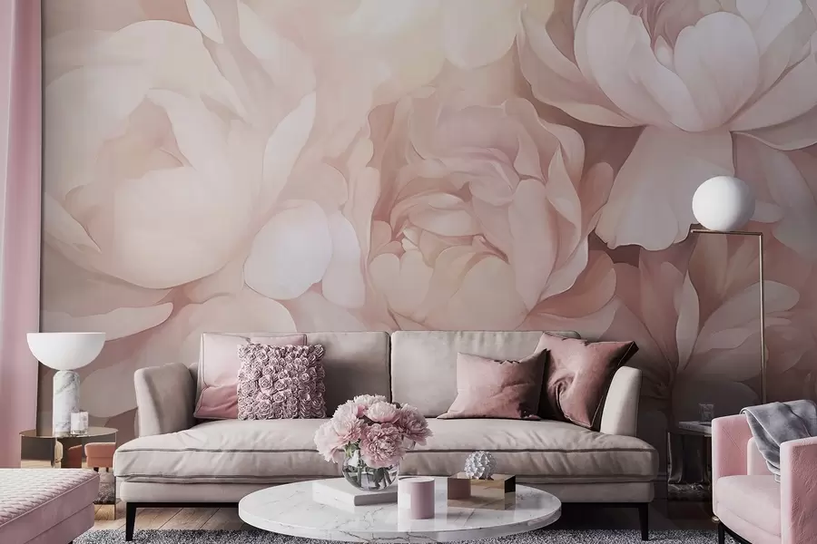 murais de parede Peônias rosa pastel claras com pétalas delicadas, macias e texturizadas, dispostas juntas, criando uma arte floral densa, iluminação suave w09319