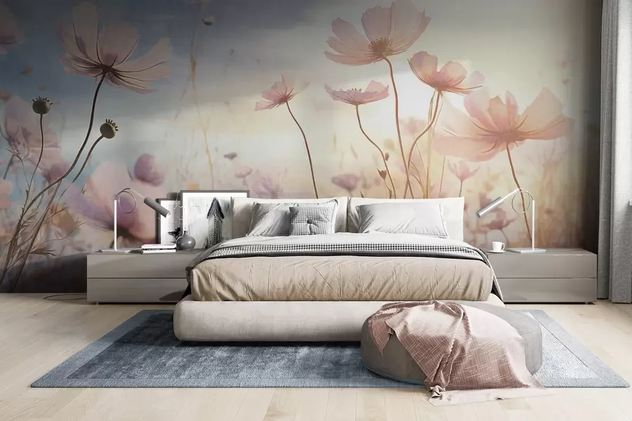 murais de parede Um campo de flores rosa texturizadas com hastes longas, contra um céu azul e amarelo suave, criando uma atmosfera de sonho w09320