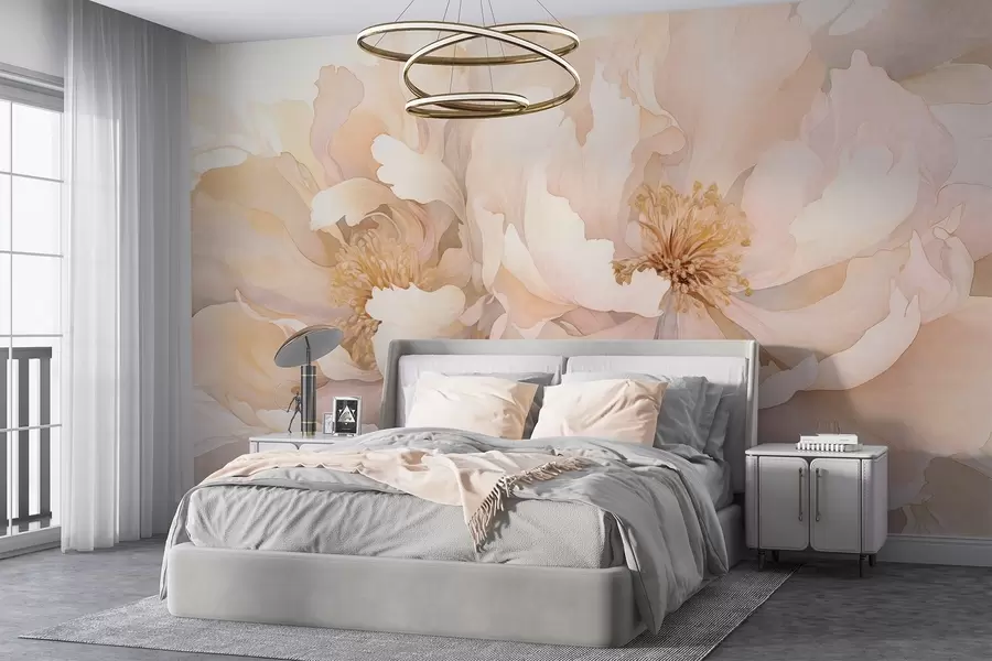 murais de parede Flores com textura de peônia, com pétalas delicadas em tons de pêssego creme e rosa claro, com uma textura suave, semelhante à aquarela w09321
