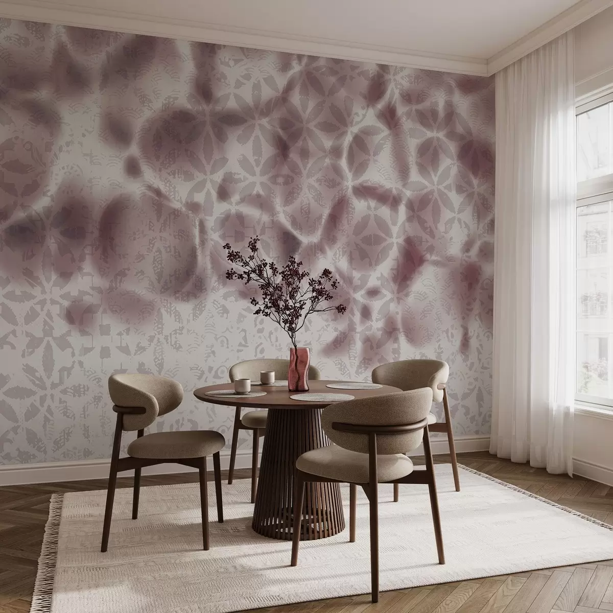 murais de parede Arte abstrata texturizada com estampa floral bordo, efeito desbotado e embaçado, criando uma atmosfera suave e sonhadora w09322v1