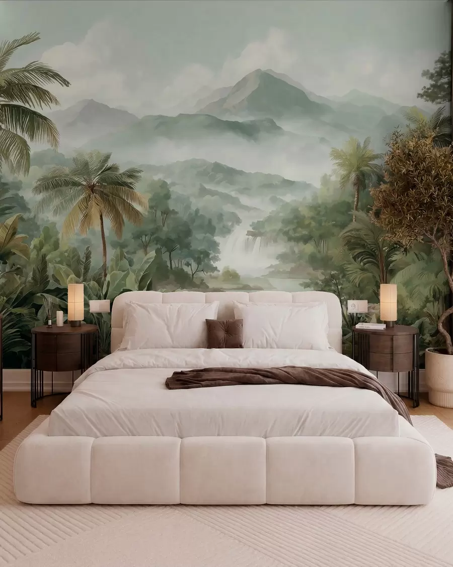 murais de parede selva tropical com cachoeira w04306