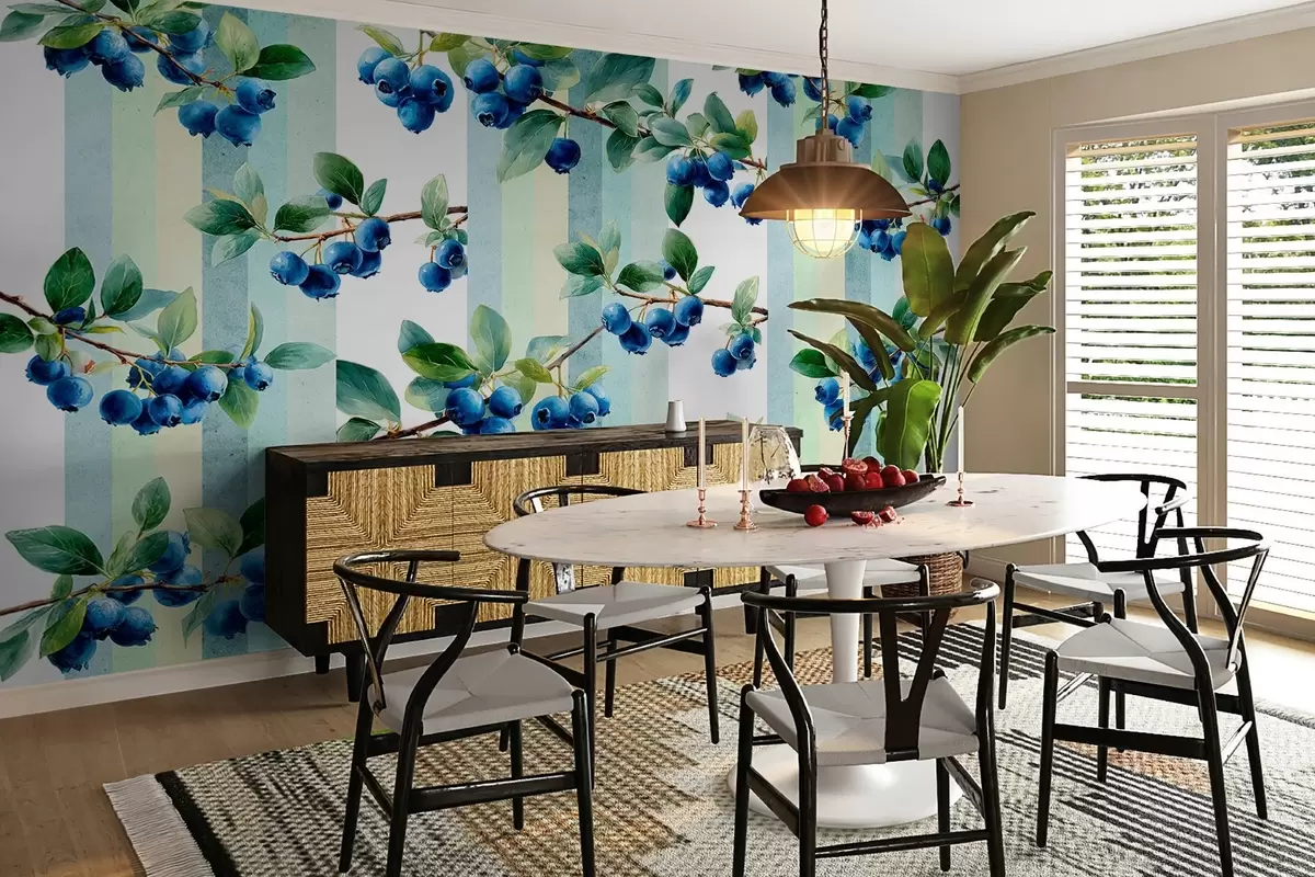 murais de parede cachos de mirtilo em um fundo listrado w04307