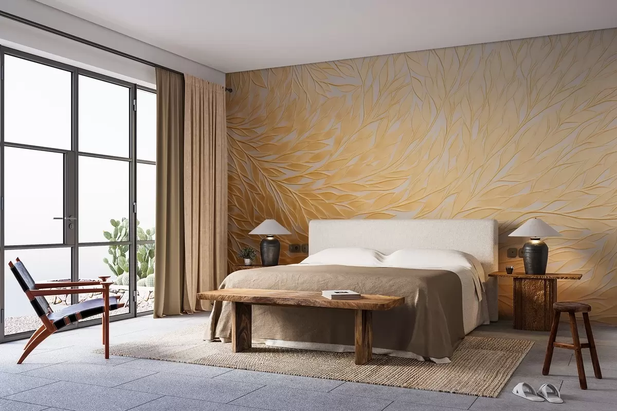 murais de parede Padrão de folhas em relevo em tons quentes de amarelo mel w09325