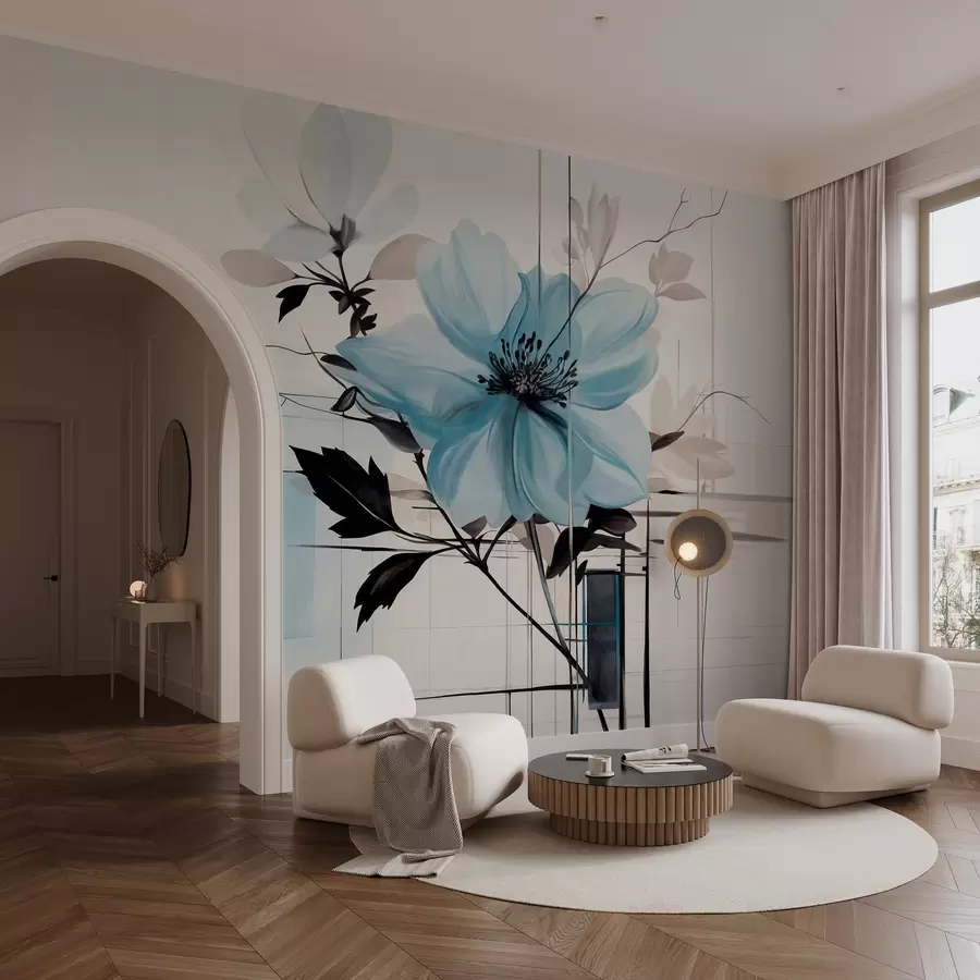 murais de parede Flor azul abstrata texturizada com folhas e galhos escuros, formas geométricas minimalistas e linhas em cores suaves w09332