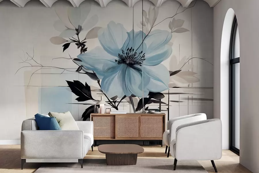 murais de parede Flor azul abstrata texturizada com folhas e galhos escuros, formas geométricas minimalistas e linhas em cores suaves w09332