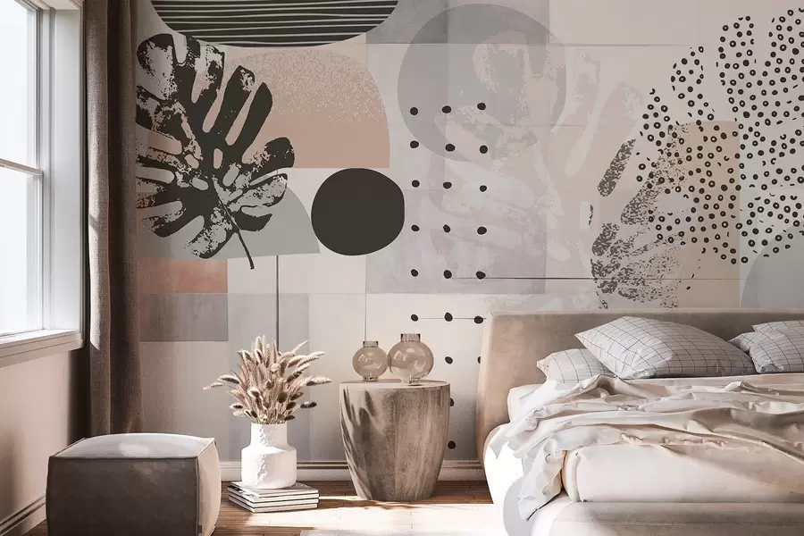 murais de parede Estampa abstrata com formas geométricas e folhas tropicais de monstera, círculos, pontos e linhas, design moderno e minimalista w09333