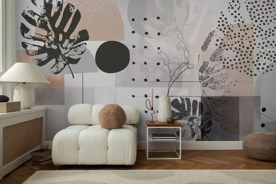 murais de parede Estampa abstrata com formas geométricas e folhas tropicais de monstera, círculos, pontos e linhas, design moderno e minimalista w09333