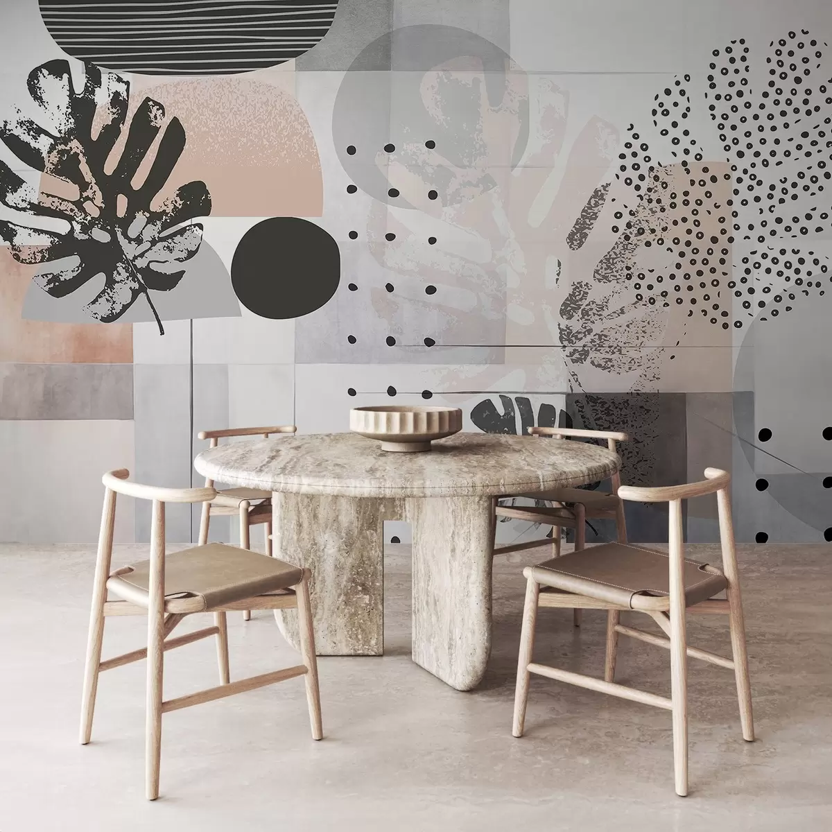 murais de parede Estampa abstrata com formas geométricas e folhas tropicais de monstera, círculos, pontos e linhas, design moderno e minimalista w09333