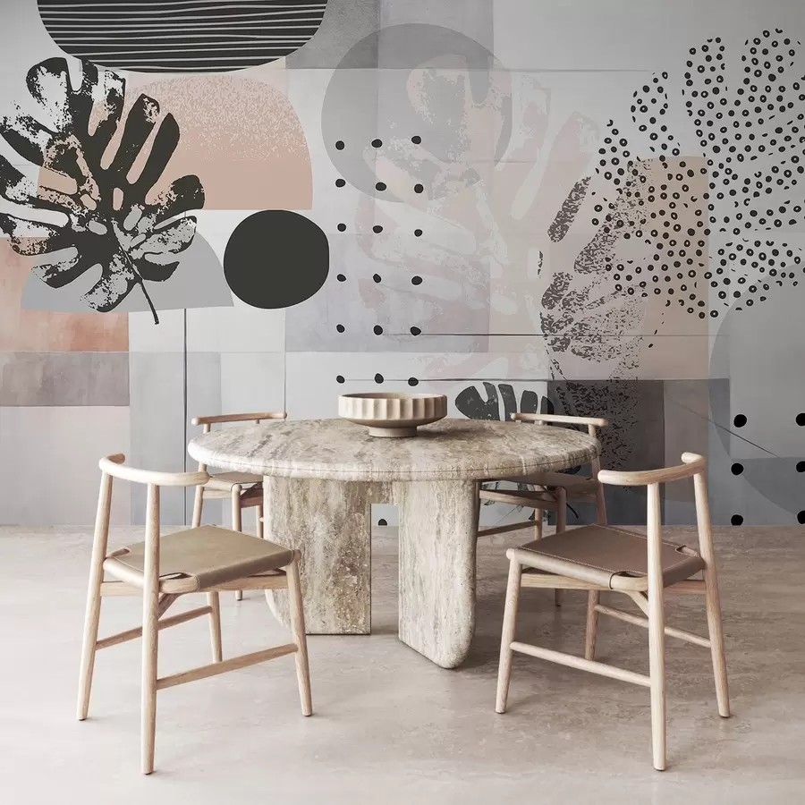 murais de parede Estampa abstrata com formas geométricas e folhas tropicais de monstera, círculos, pontos e linhas, design moderno e minimalista w09333