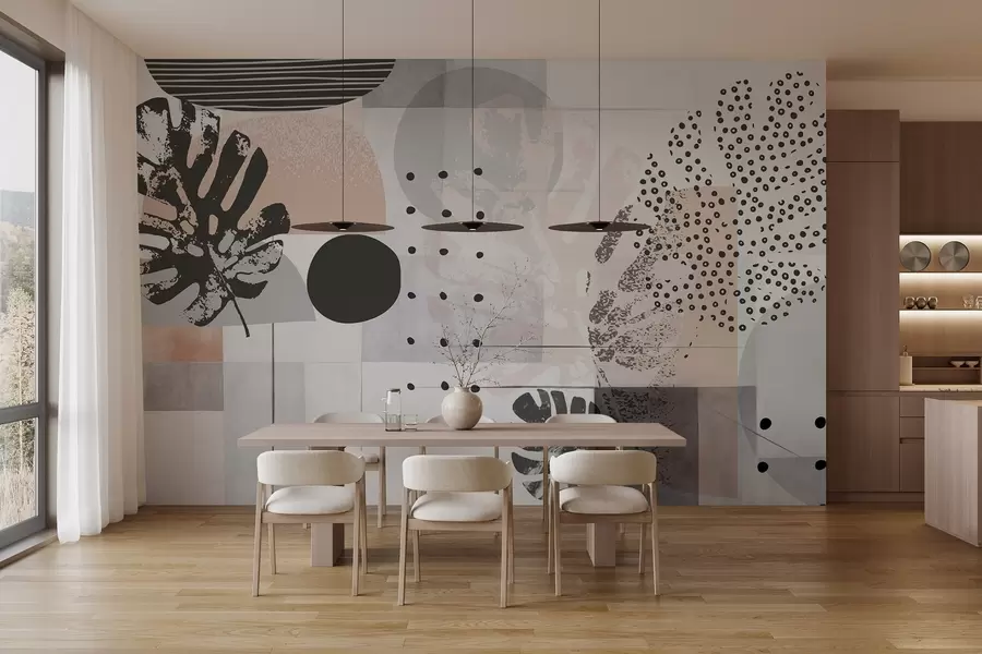 murais de parede Estampa abstrata com formas geométricas e folhas tropicais de monstera, círculos, pontos e linhas, design moderno e minimalista w09333