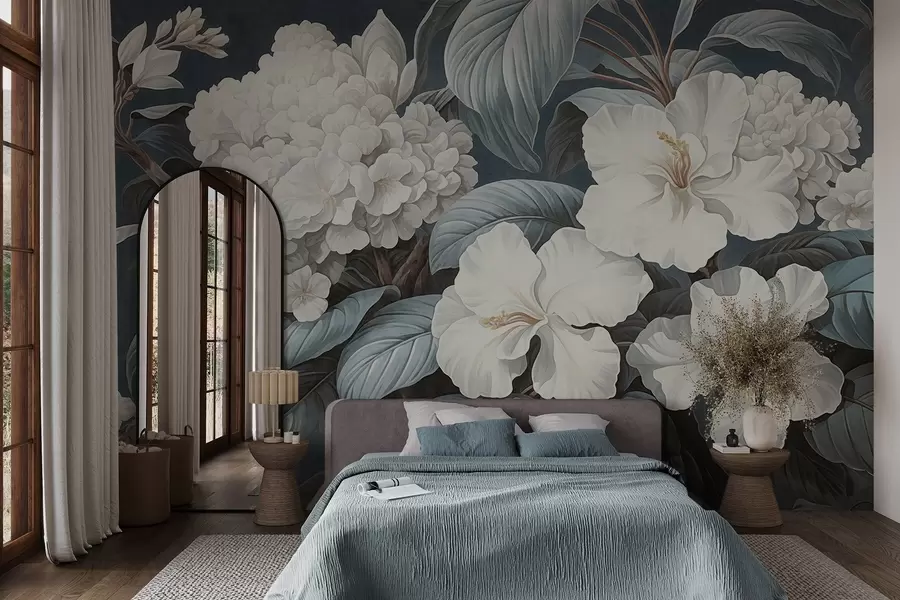 murais de parede Flores tropicais brancas com pétalas e folhas delicadas em um fundo azul escuro, estilo vintage texturizado, ilustração botânica w09334