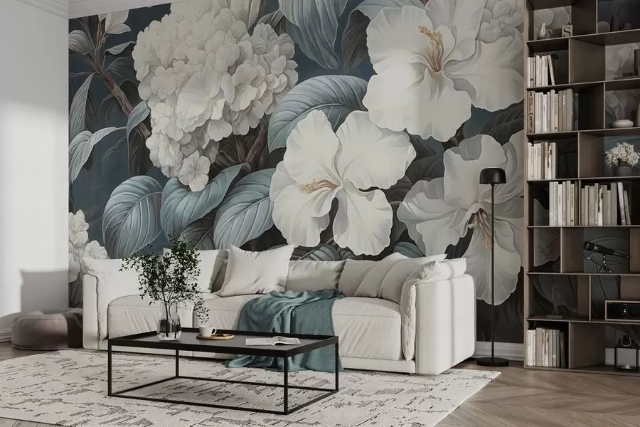 murais de parede Flores tropicais brancas com pétalas e folhas delicadas em um fundo azul escuro, estilo vintage texturizado, ilustração botânica w09334