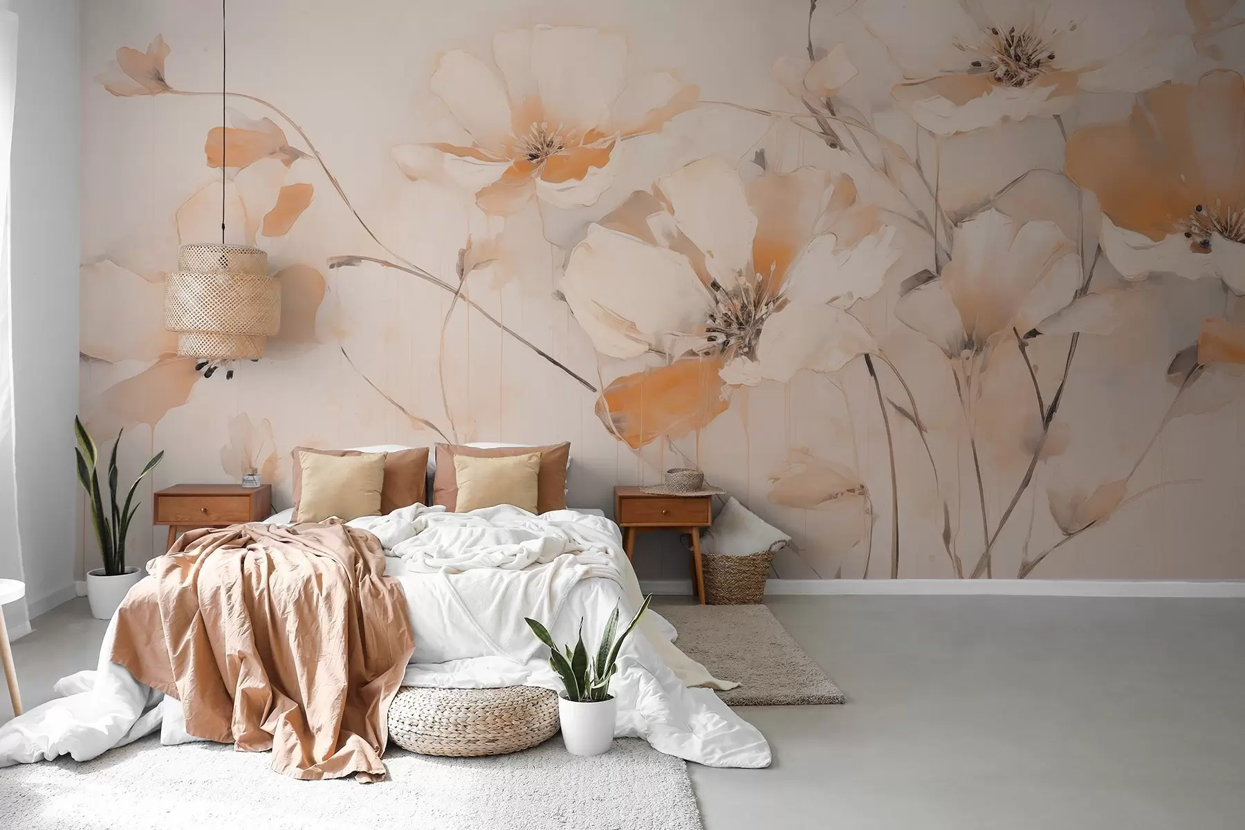 murais de parede Flores brancas e laranja texturizadas com hastes longas, fundo claro, cores suaves, composição elegante, pinceladas delicadas w09335