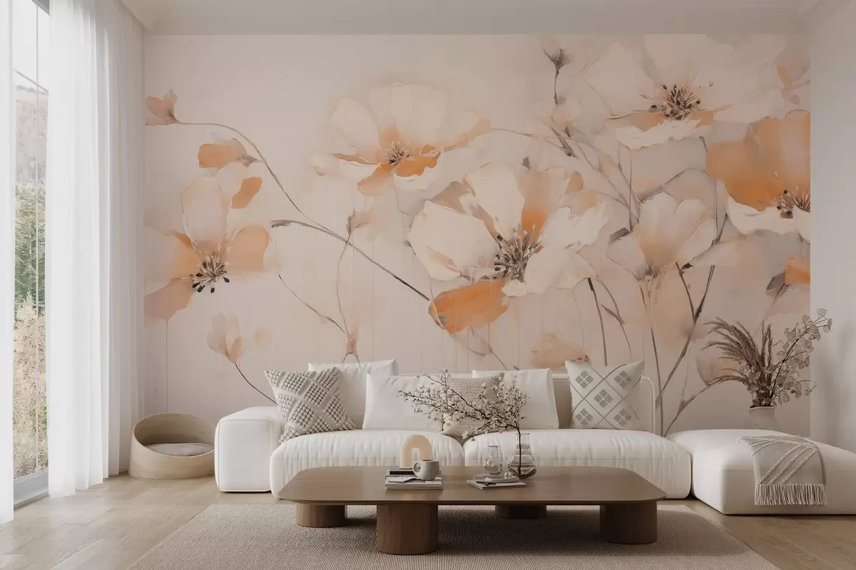 murais de parede Flores brancas e laranja texturizadas com hastes longas, fundo claro, cores suaves, composição elegante, pinceladas delicadas w09335